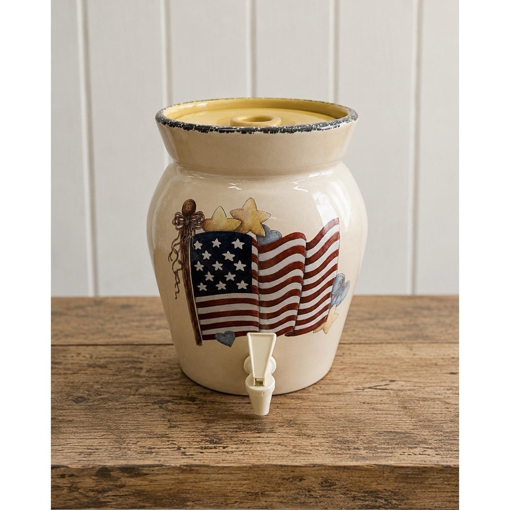 Vtg Home & Garden Party Heavy Stoneware Patriotic Flag Beverage Dispenser 2002